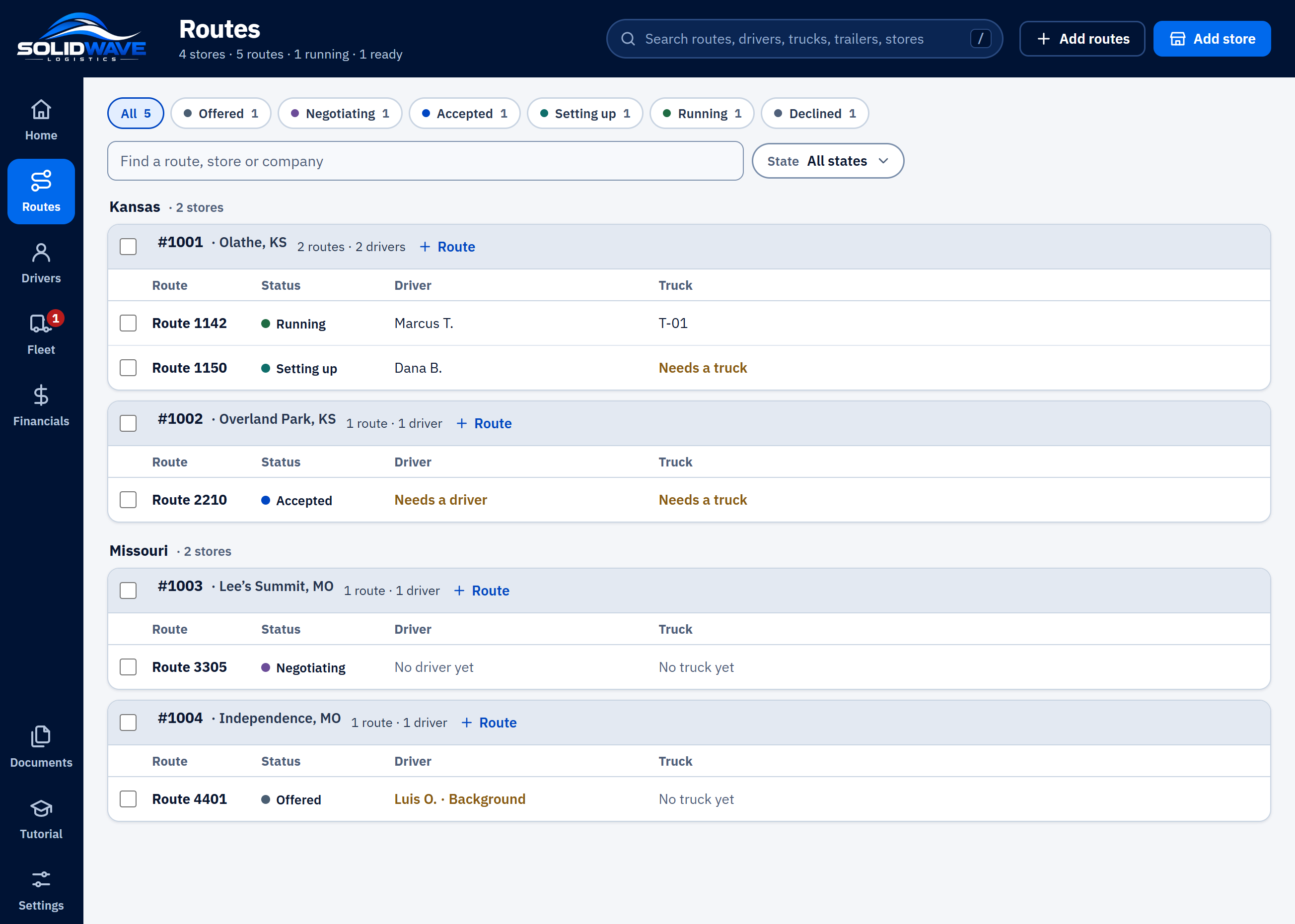 Routes in SolidWave Tracker